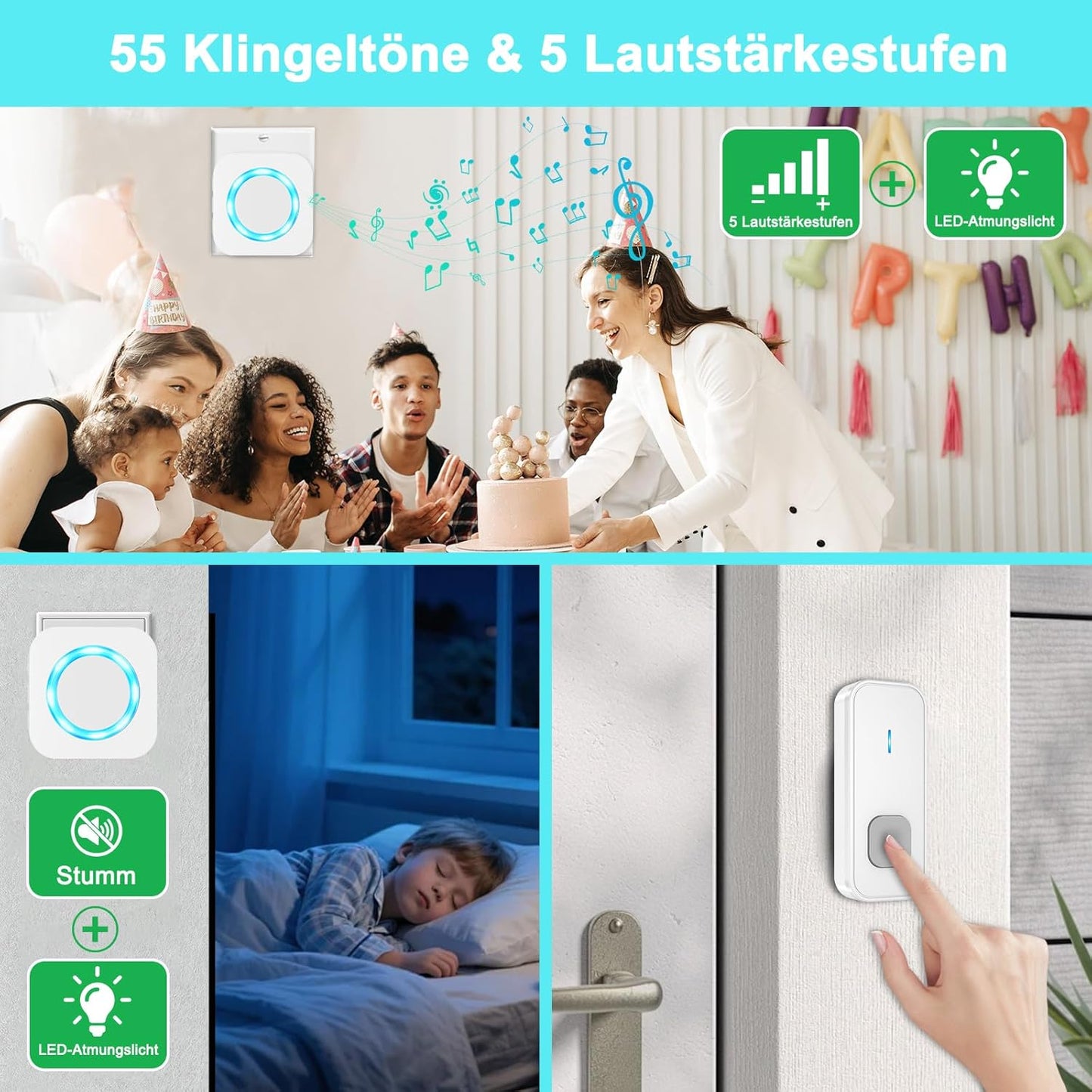Funkklingel-Set mit LED-Blitz (2 Sender, 1 Empfänger), 1 Empfänger+2 Sender