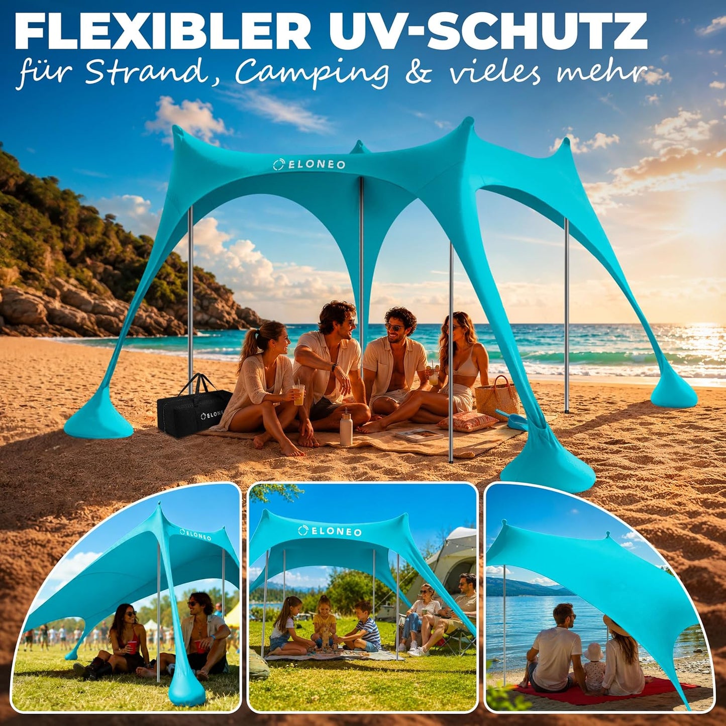 Strand-Sonnensegel mit UV-Schutz LSF 50+, Türkis 228 x 214 x 200 cm / 4 Stangen