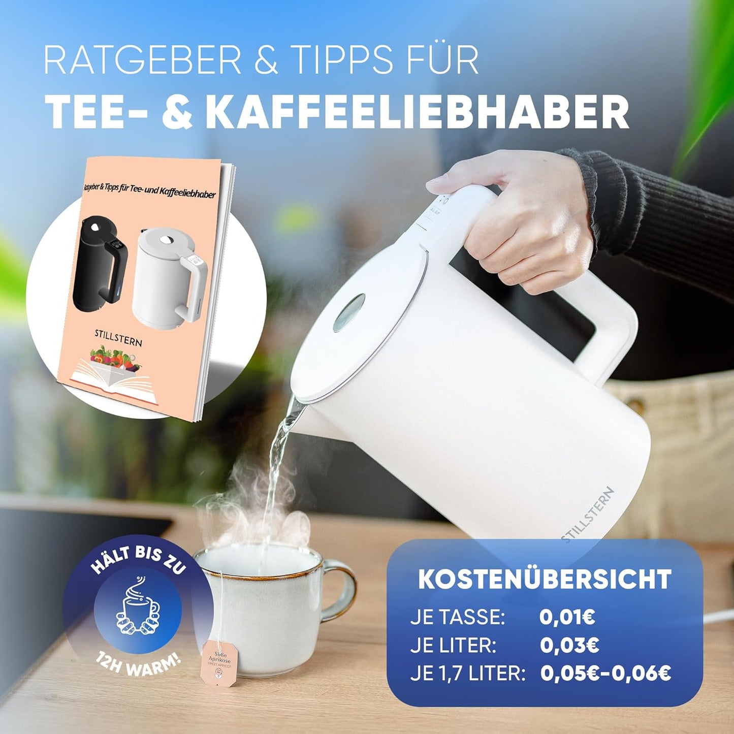 Wasserkocher mit Temperatureinstellung und Warmhaltefunktion, Weiss
