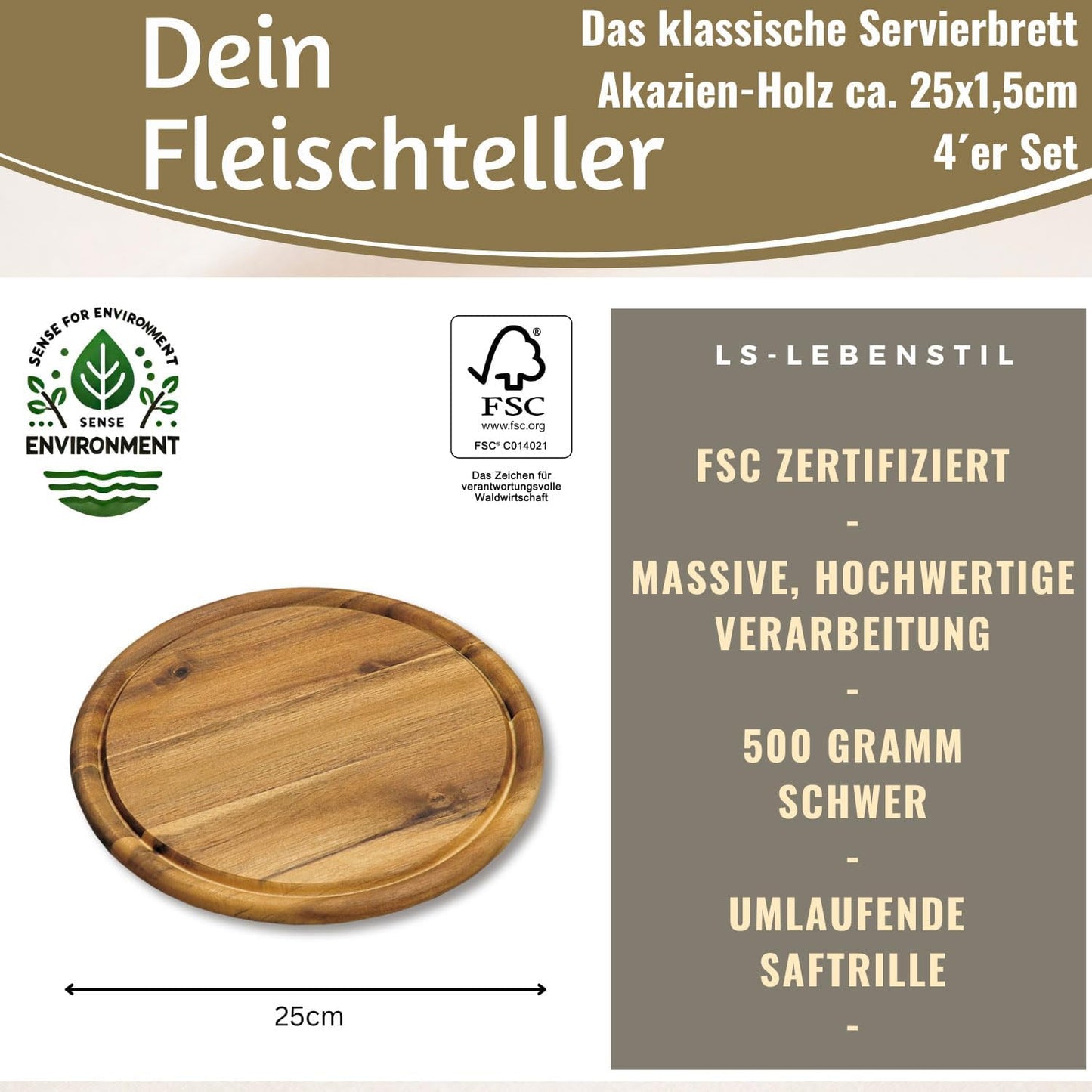 4er-Set Schneidebrett mit Saftrille, 4 Stück