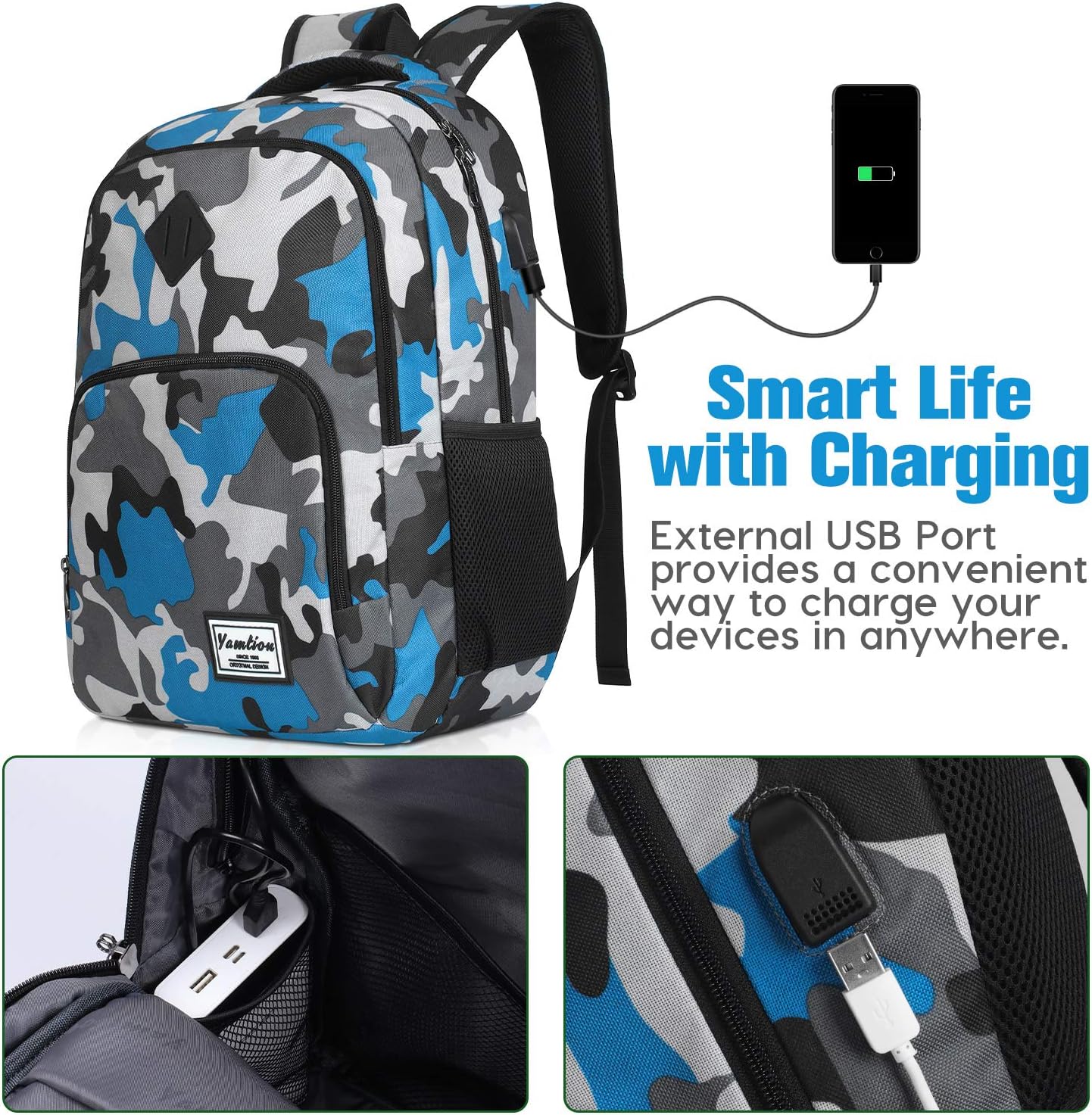 Schulrucksack mit USB-Ladeanschluss und Laptopfach, 15.6" B6-tarnung Blau
