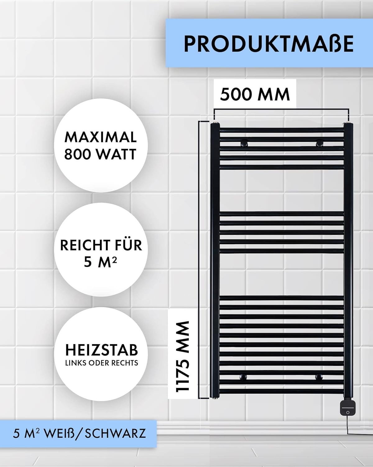 Elektrischer Handtuchheizkörper mit Timer-Funktion, weiss/gerade 1175h x 500b