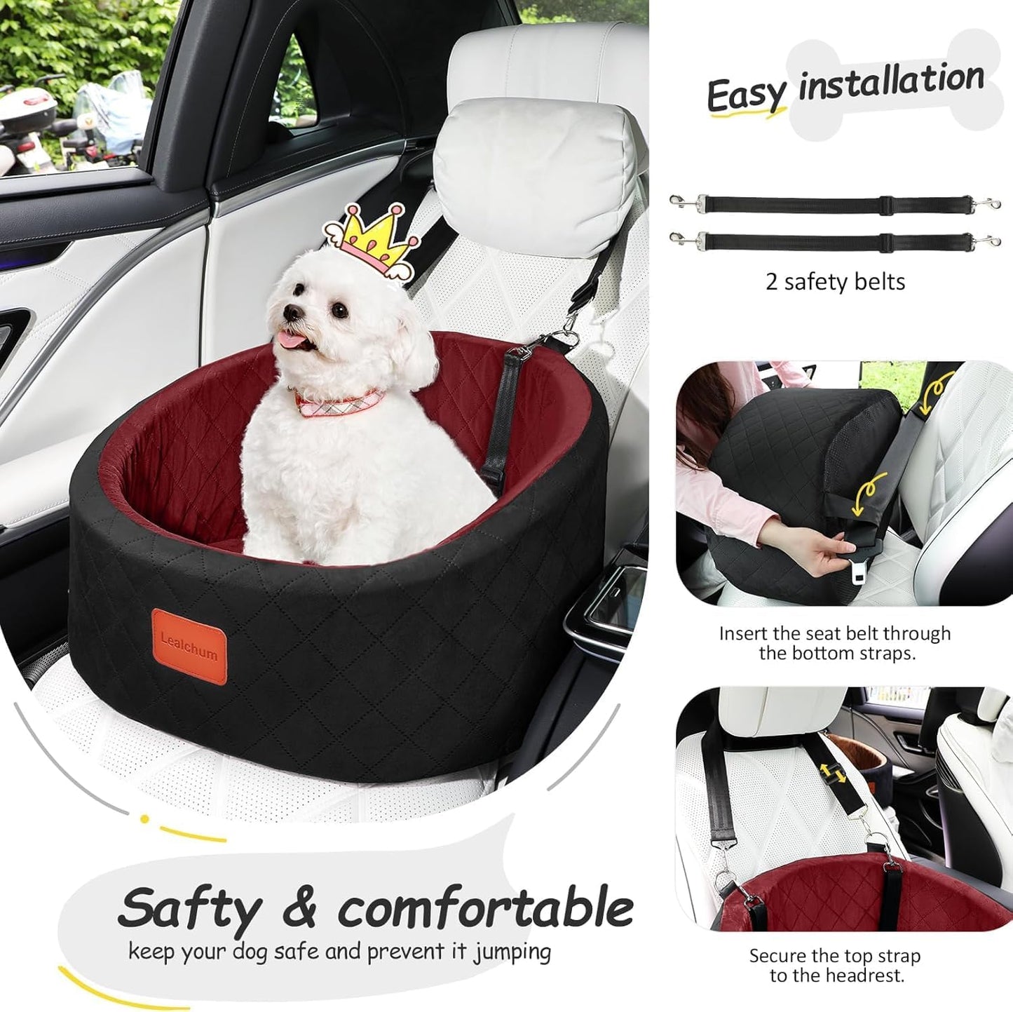 Hunde-Autositz mit Sicherheitsleine, Black/Red Small