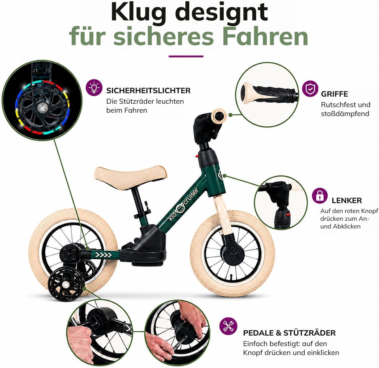 Pedalplay 3-in-1 Laufrad mit LED-Stützrädern & Pedalen, Waldgrün & cremiges Weiss