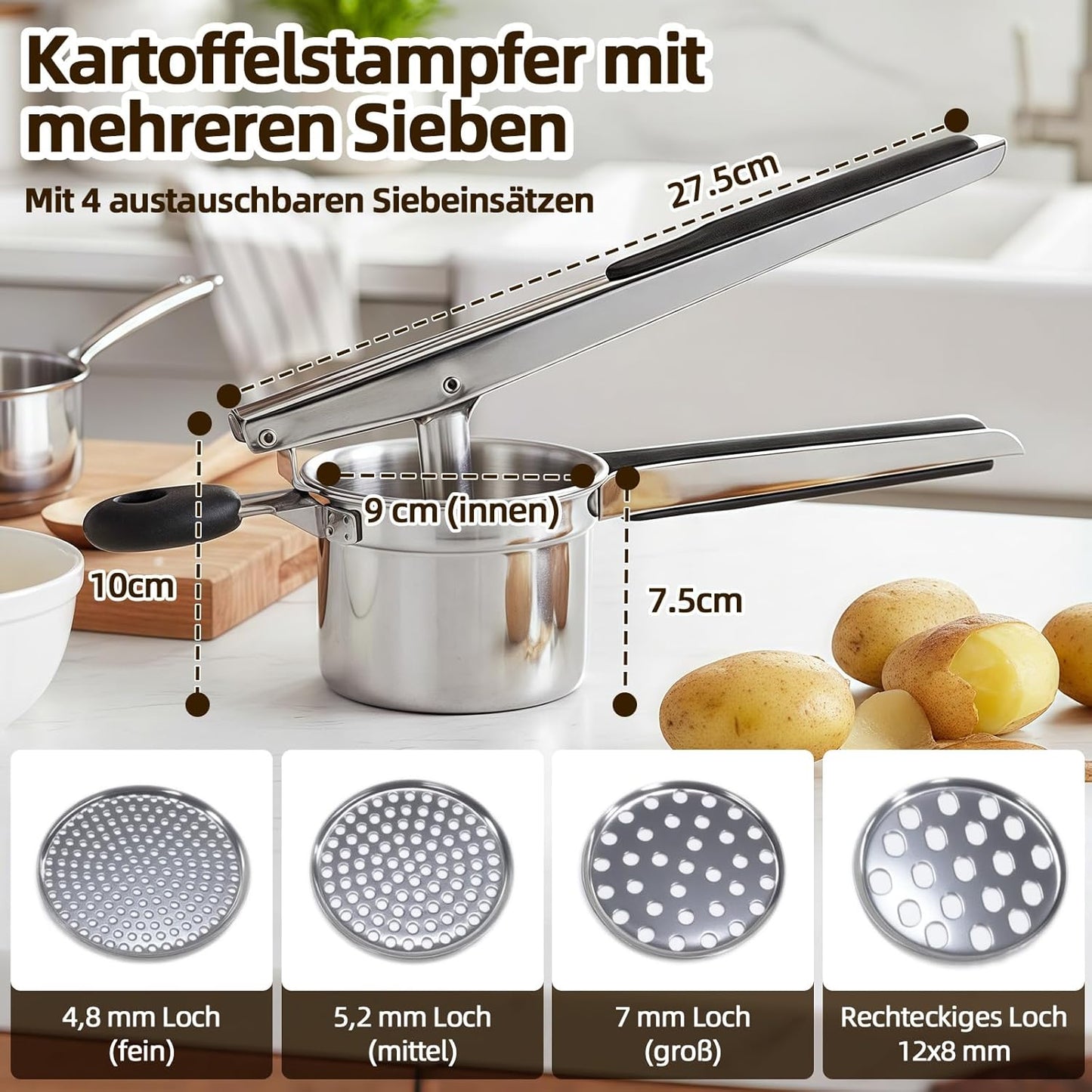 Kartoffelpresse mit 4 Spätzlesieben