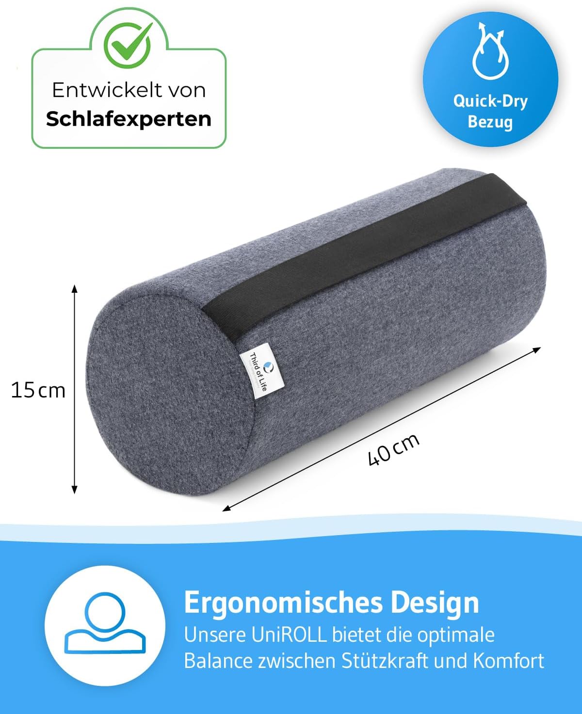 Ergonomische Nackenrolle UniROLL, Quickdry - Anthrazit 40 x 15 cm