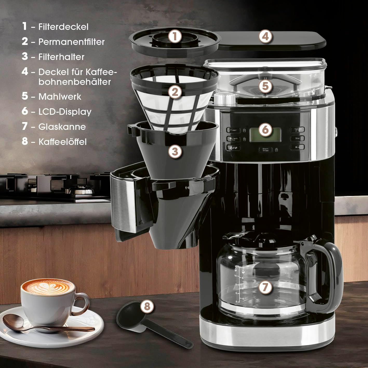 Filterkaffeemaschine für 10 Tassen, 6) Edelstahl - Glaskanne - mit Mahlwerk