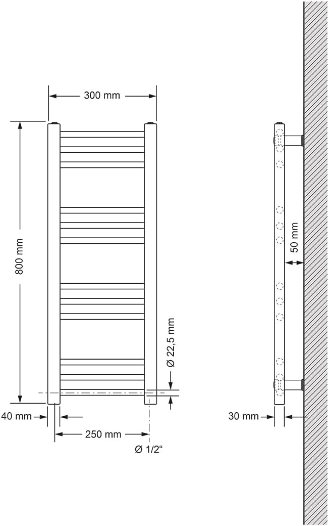 Elektrischer Badheizkörper mit Heizstab, 300x800 mm gerade mit Heizstab 300W Anthrazit