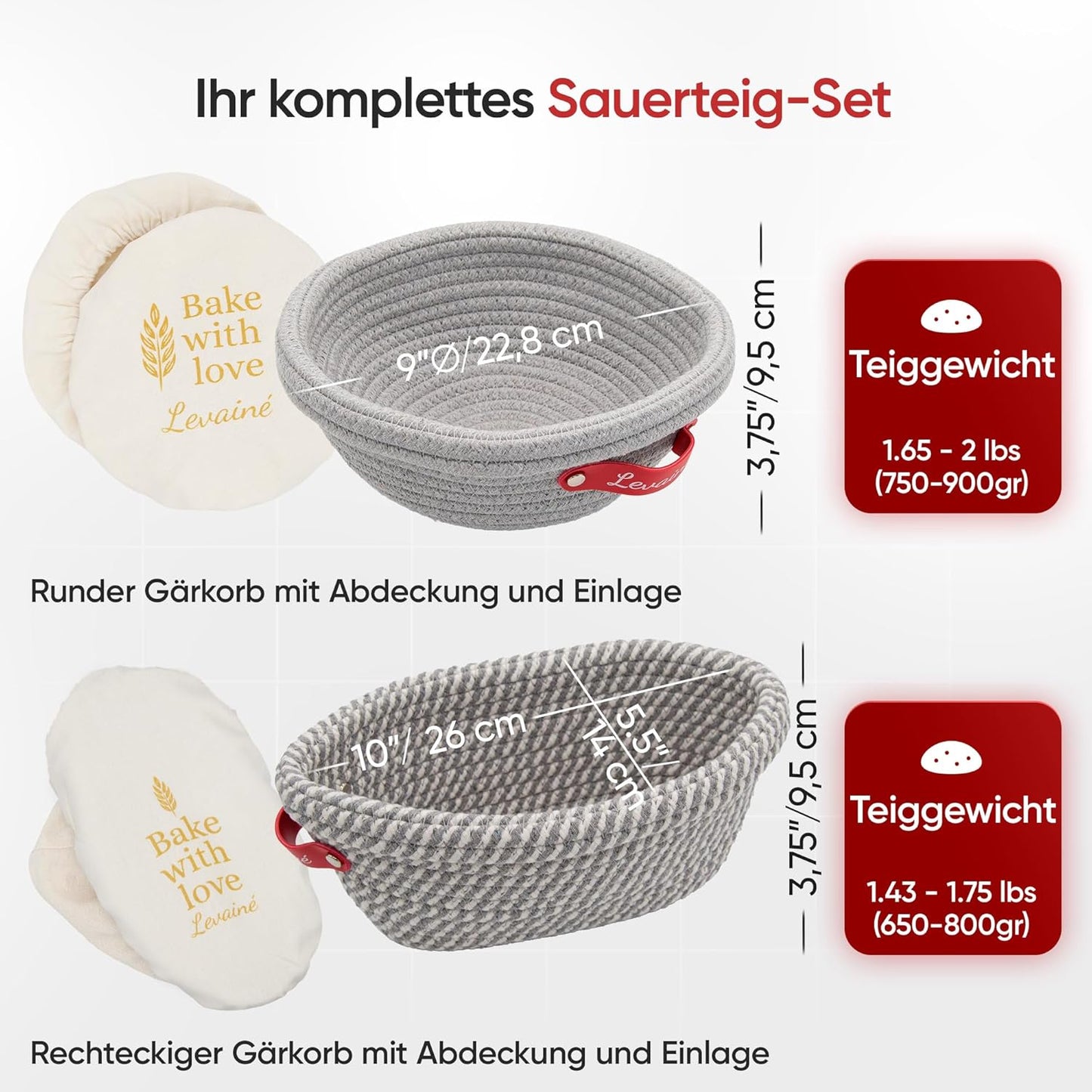 Gärkörbchen-Set für Brotbacken, Grau (Rund) + Grau/Weiss (Oval)
