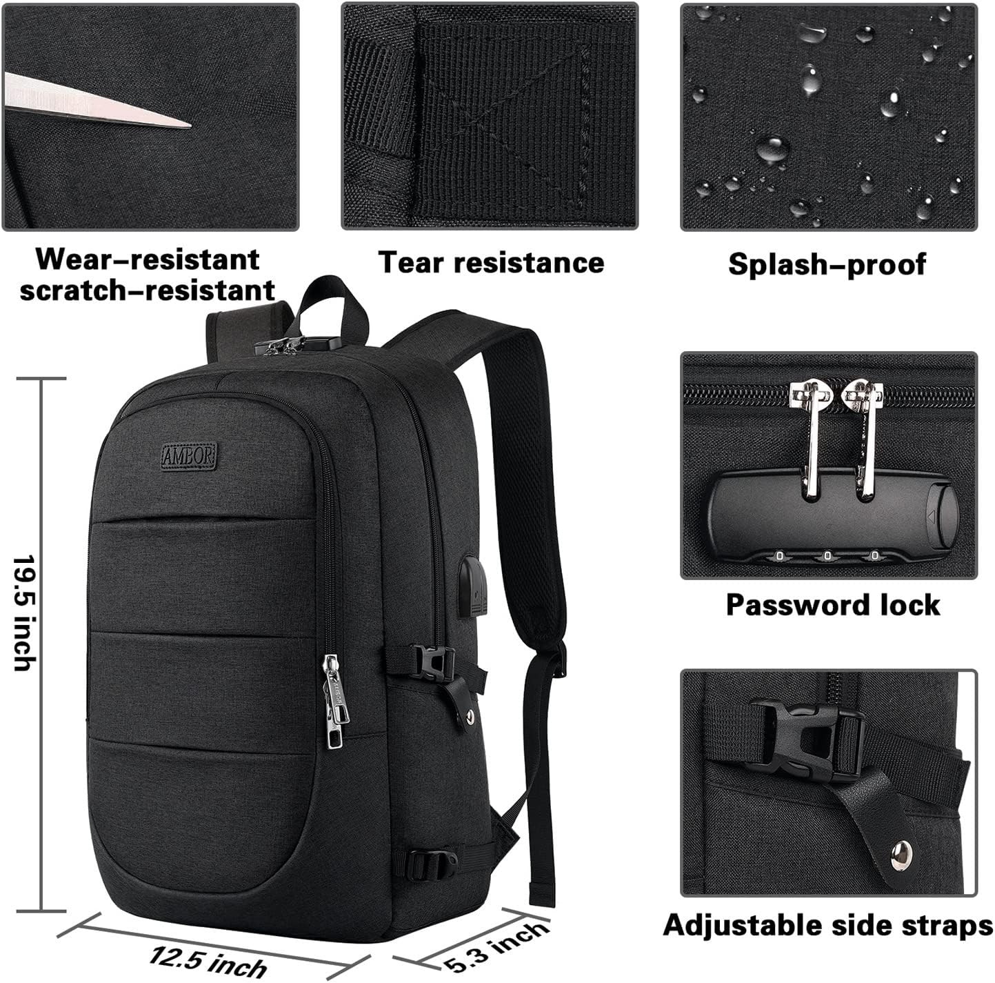 Laptop-Rucksack mit USB, 17.3 inch Schwarz