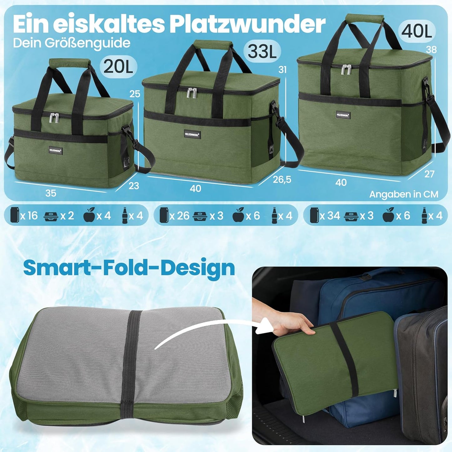 Faltbare Kühltasche, Olivgrün 20L (L35 x B23 x H25 cm)