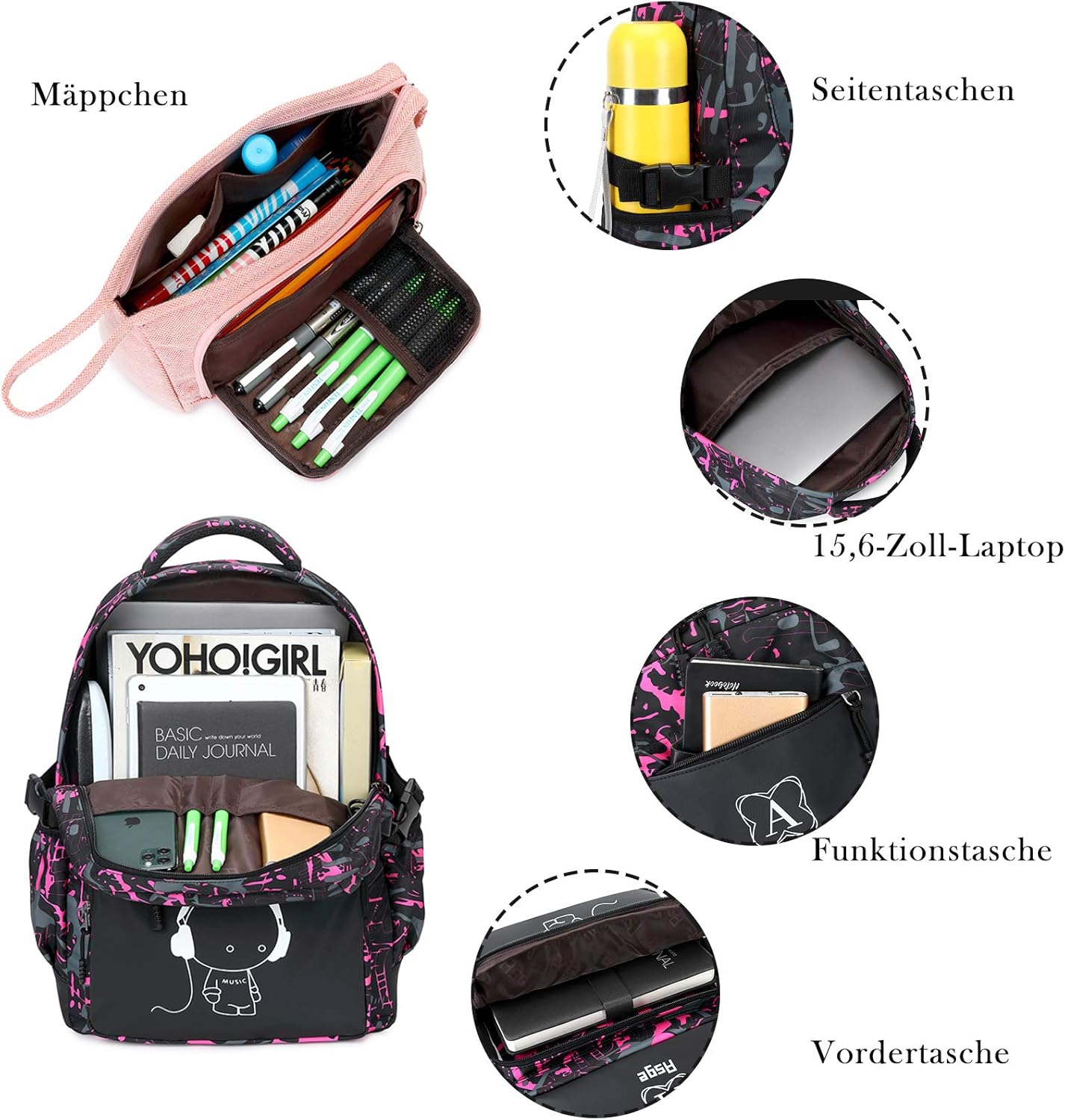 Rucksack für Teenager mit Reflektoren, Rosa