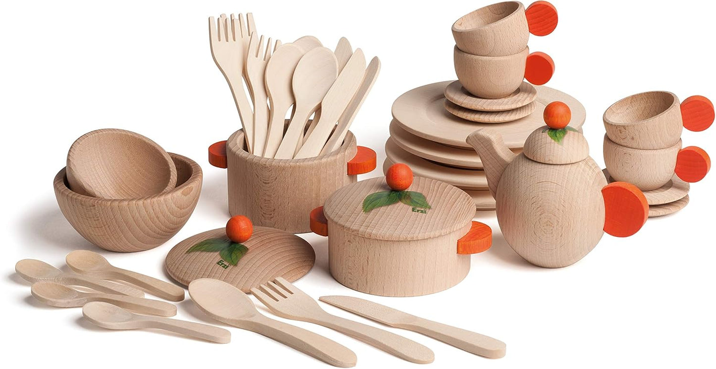 Koch- und Geschirrset aus Holz für Kinderküche