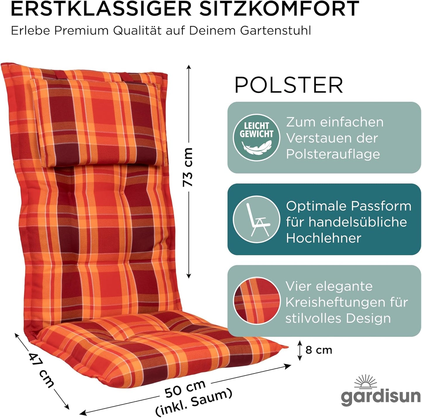 Sitzauflagen für Hochlehner (4er Set), 4-Stück Rot Kariert (mit Kopfteil)