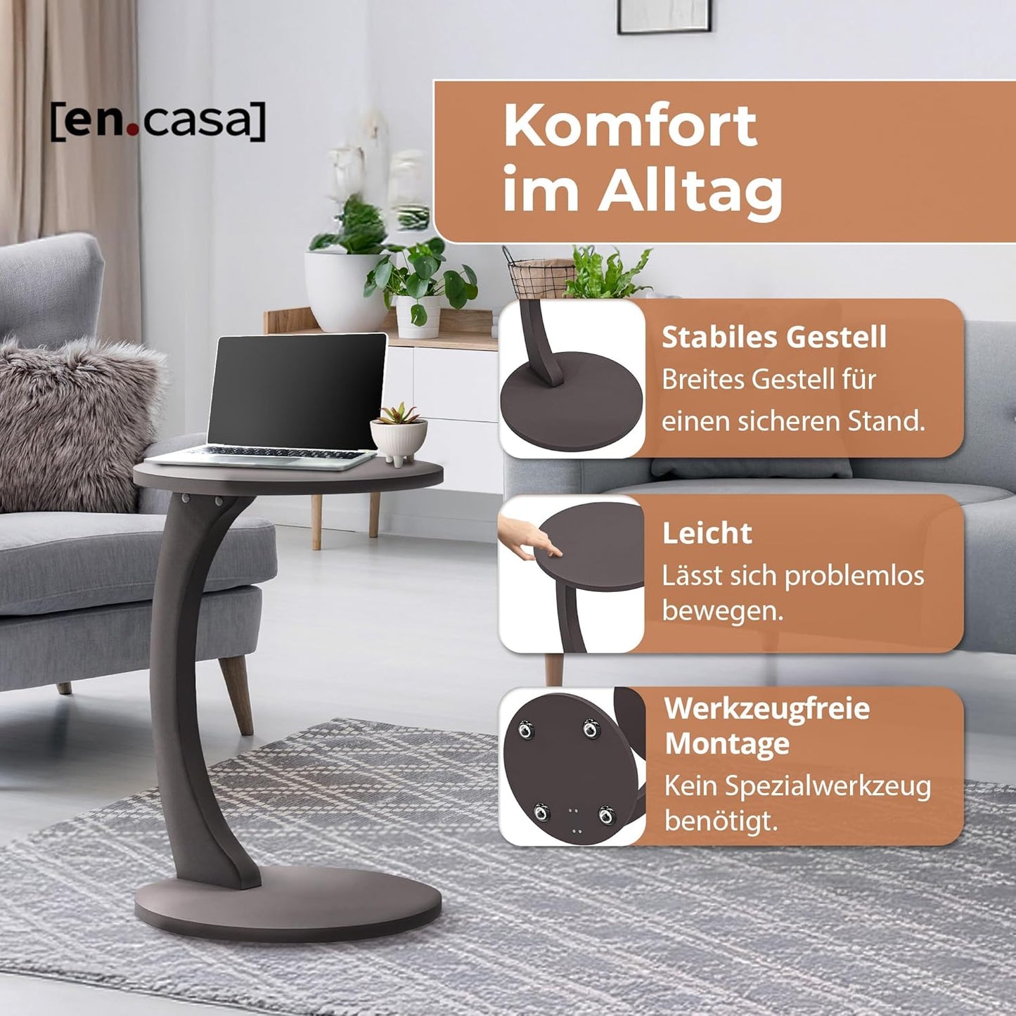Beistelltisch in C-Form mit Rollen, Grau