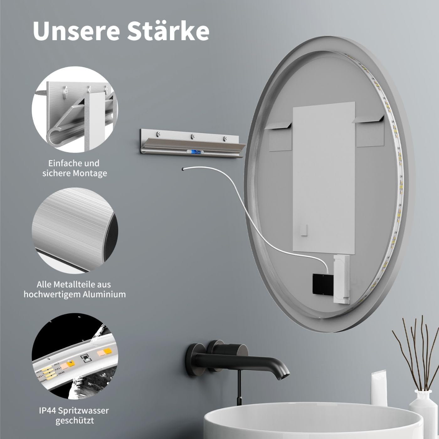 Runder Badspiegel mit LED-Beleuchtung, 60cm, Schwarz 60L x 60B cm