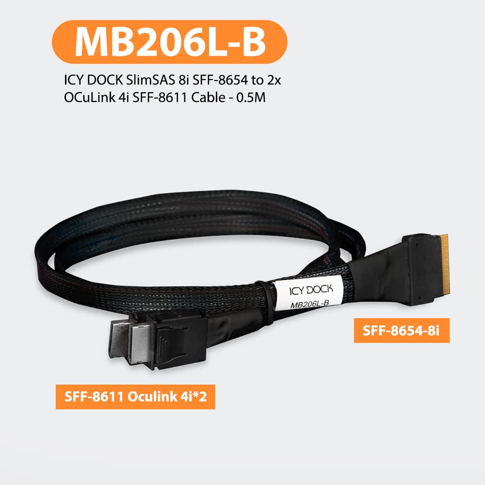 ICY DOCK Kabel SlimSAS 8i SSF-8654 zu 2xOCLink 4i, SFF-8611 Kabel-0,5M, 1x SlimSAS 8i zu 2x OCuLink 4i