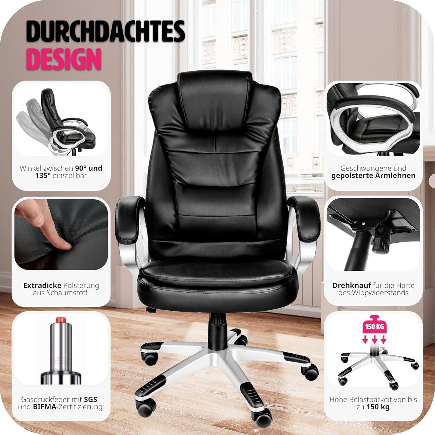 Ergonomischer Chefsessel mit Wippmechanik, Schwarz | Nr. 400578