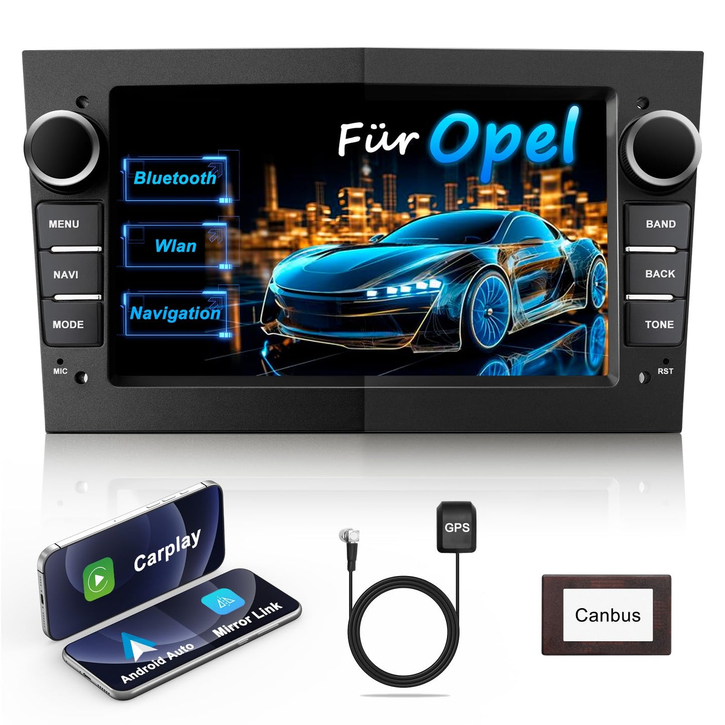 Bluetooth Autoradio mit Navi & Carplay, Opel kompatibel, Schwarz