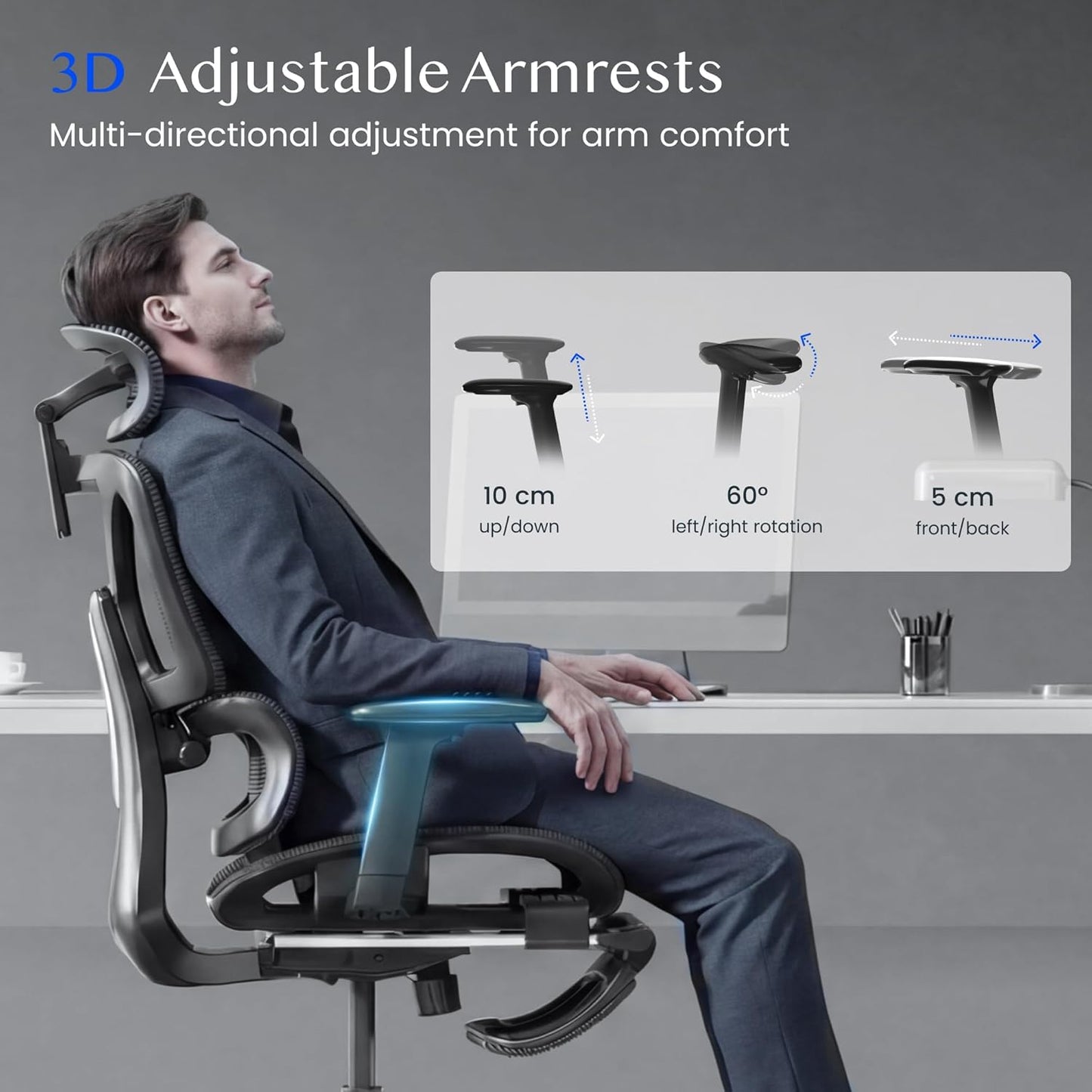 Ergonomischer Bürostuhl mit 3D-Armlehnen und Kopfstütze, Schwarz Lite