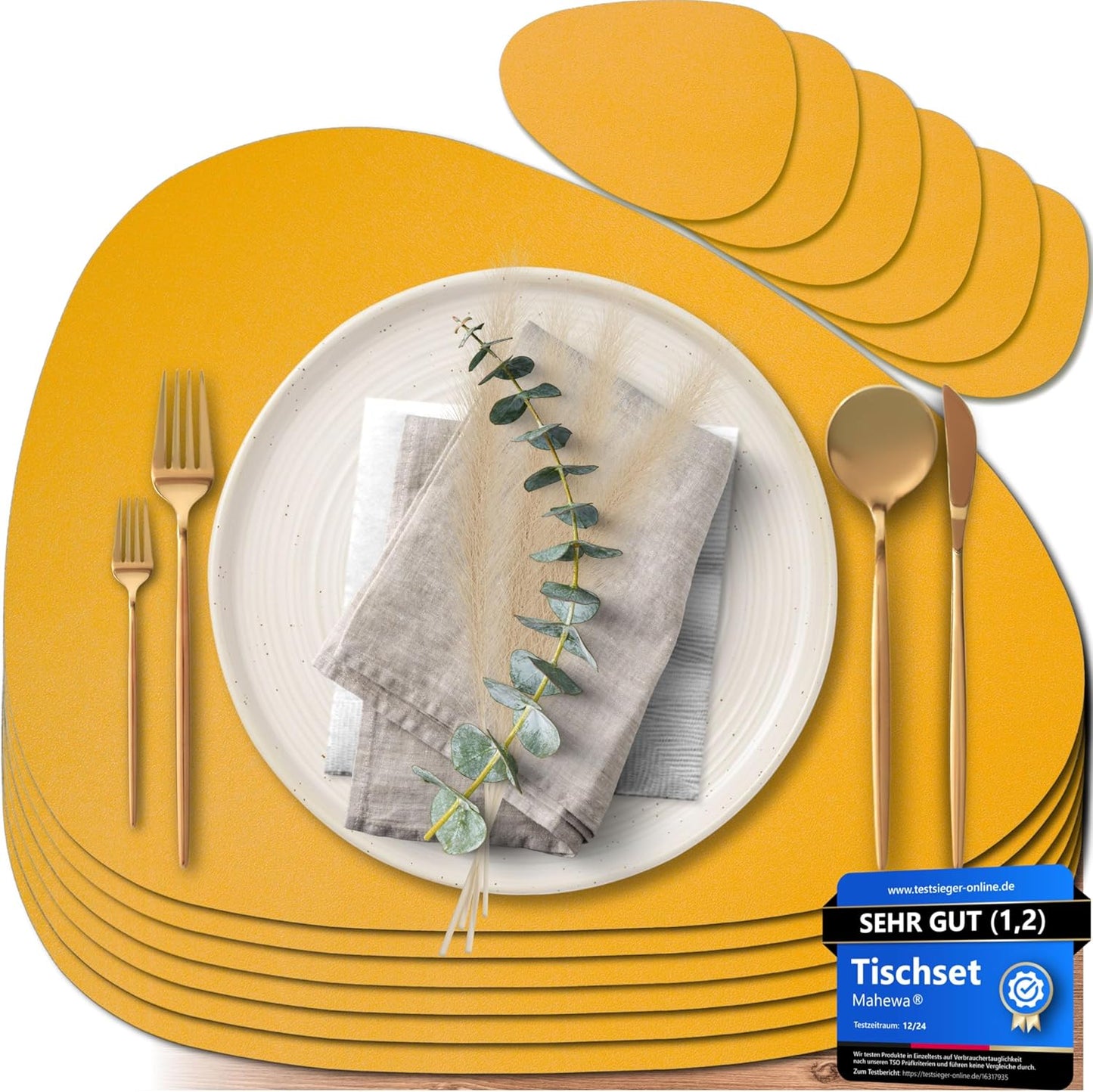 6er-Set Tischsets mit Glasuntersetzer, Senfgelb Oval