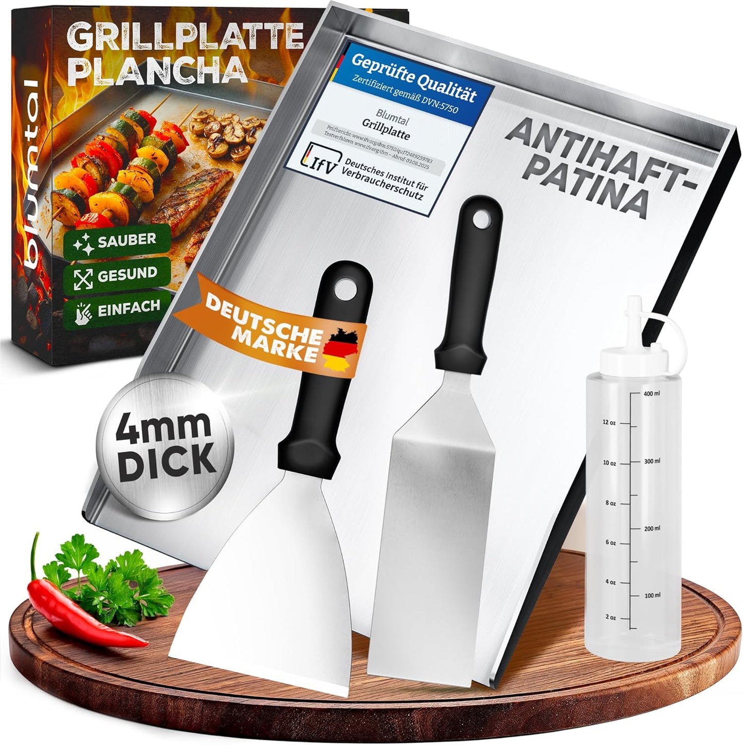 Plancha Grill-Set mit Edelstahlplatte und Zubehör