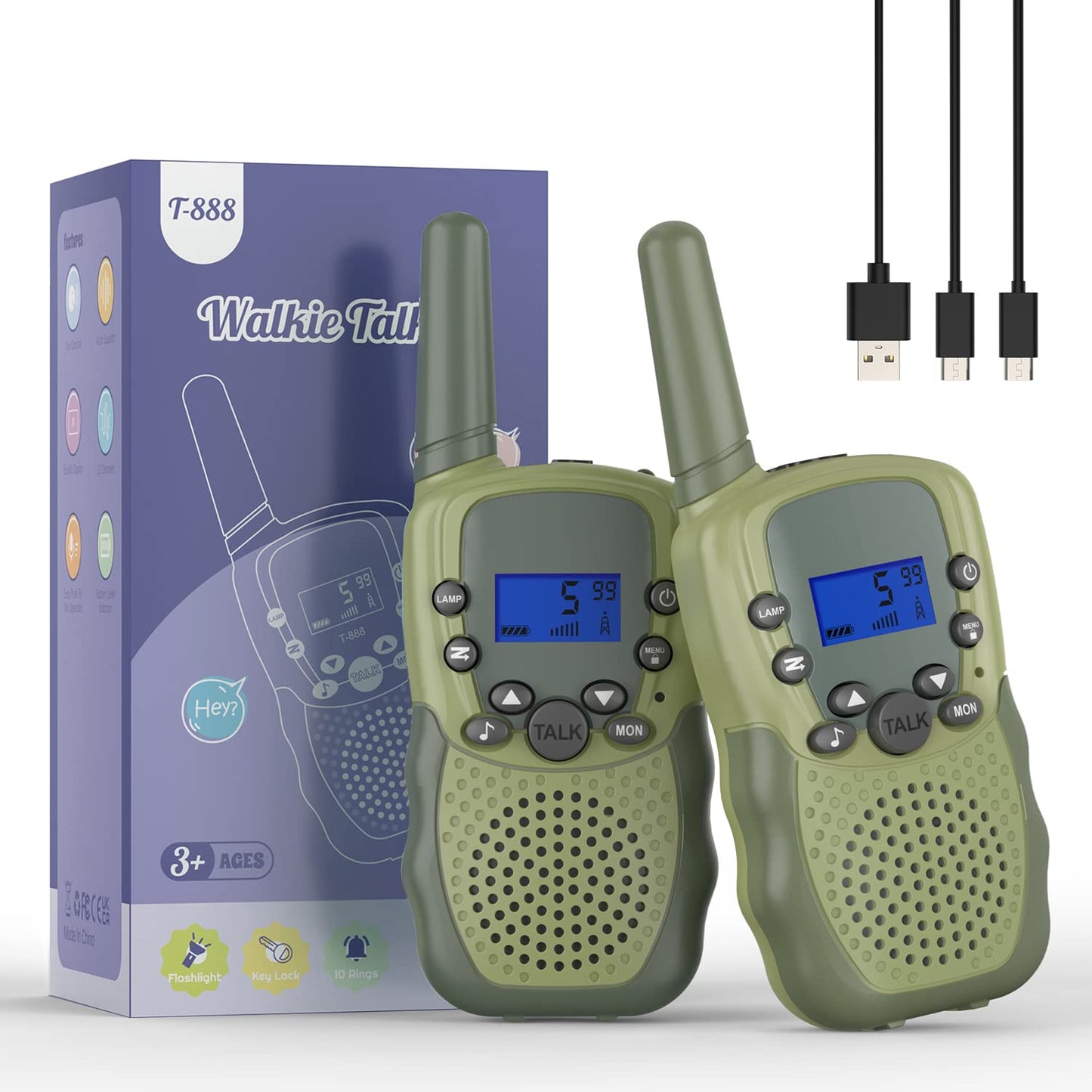 Wiederaufladbare Kinder-Walkie-Talkies 8 Kanäle, Armee Grün
