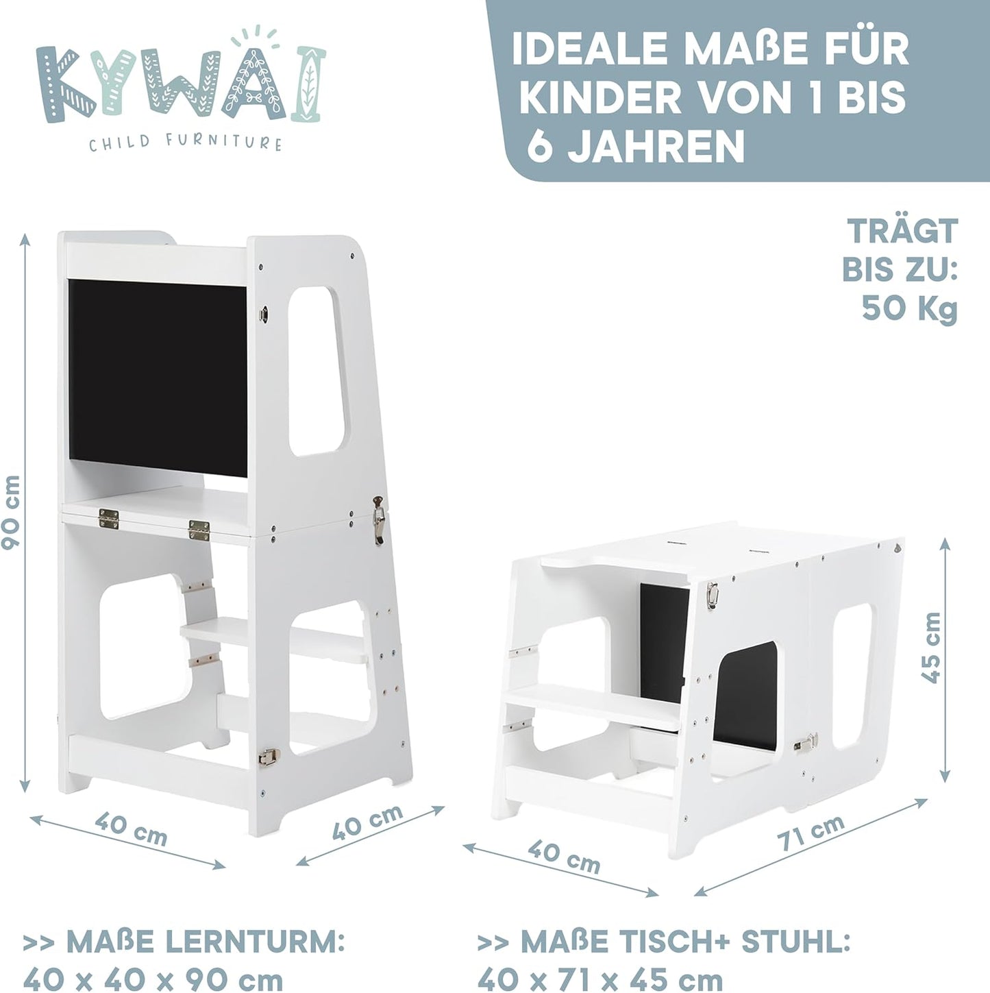 Lernturm & Tisch 2-in-1 klappbar, höhenverstellbar, Weiss