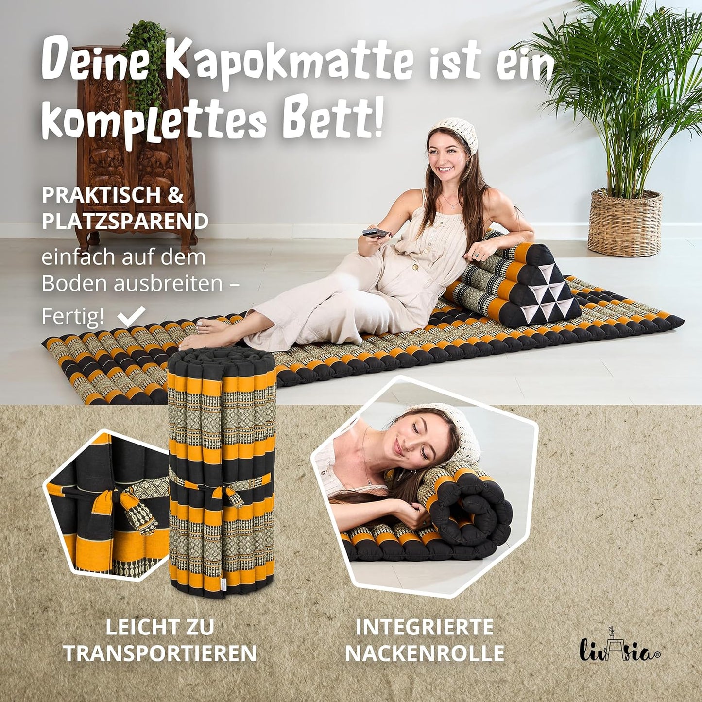 Rollmatte Rollmatratze Gästebett (200x110x4,5cm), M (200 x 75 cm) Schwarz/Orange