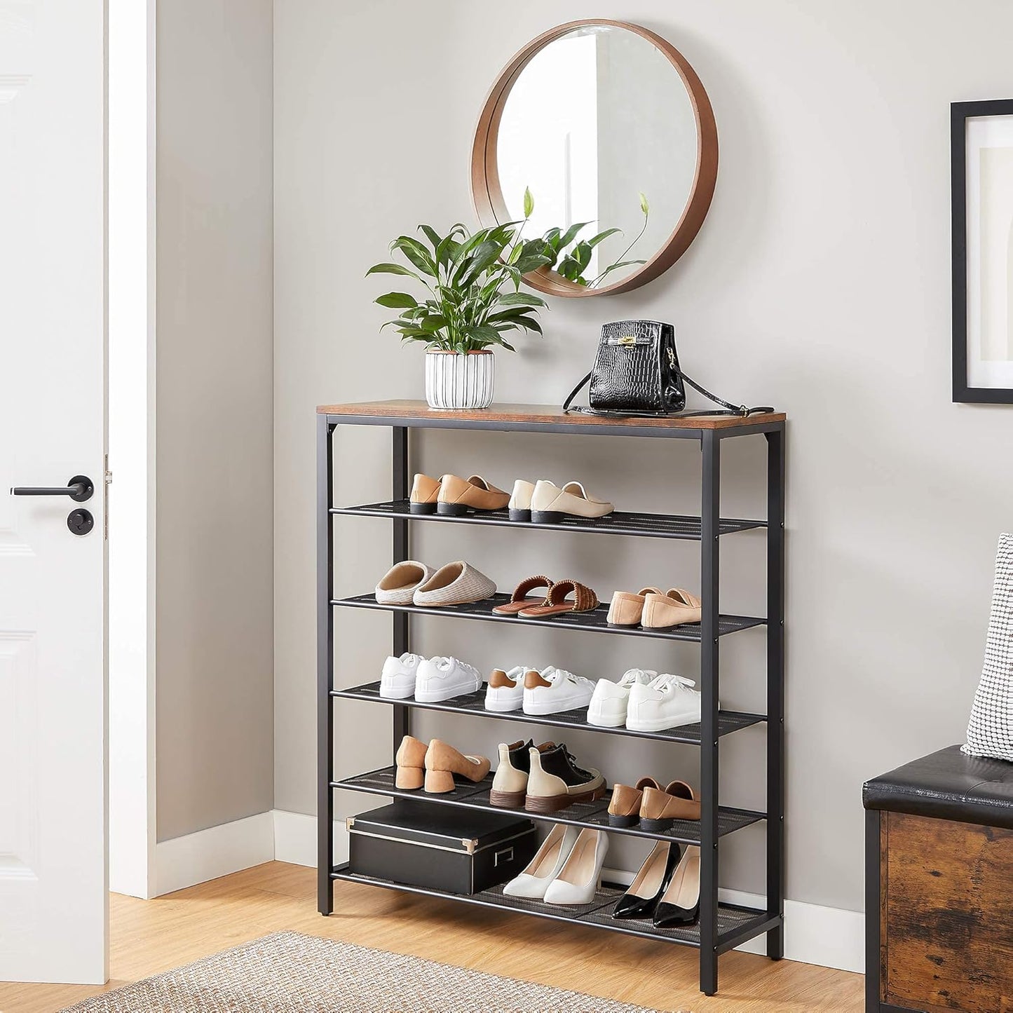 Schuhregal mit 5 Ebenen im Industrie-Design, 100 cm x 30 cm x 110 cm Vintagebraun + Schwarz