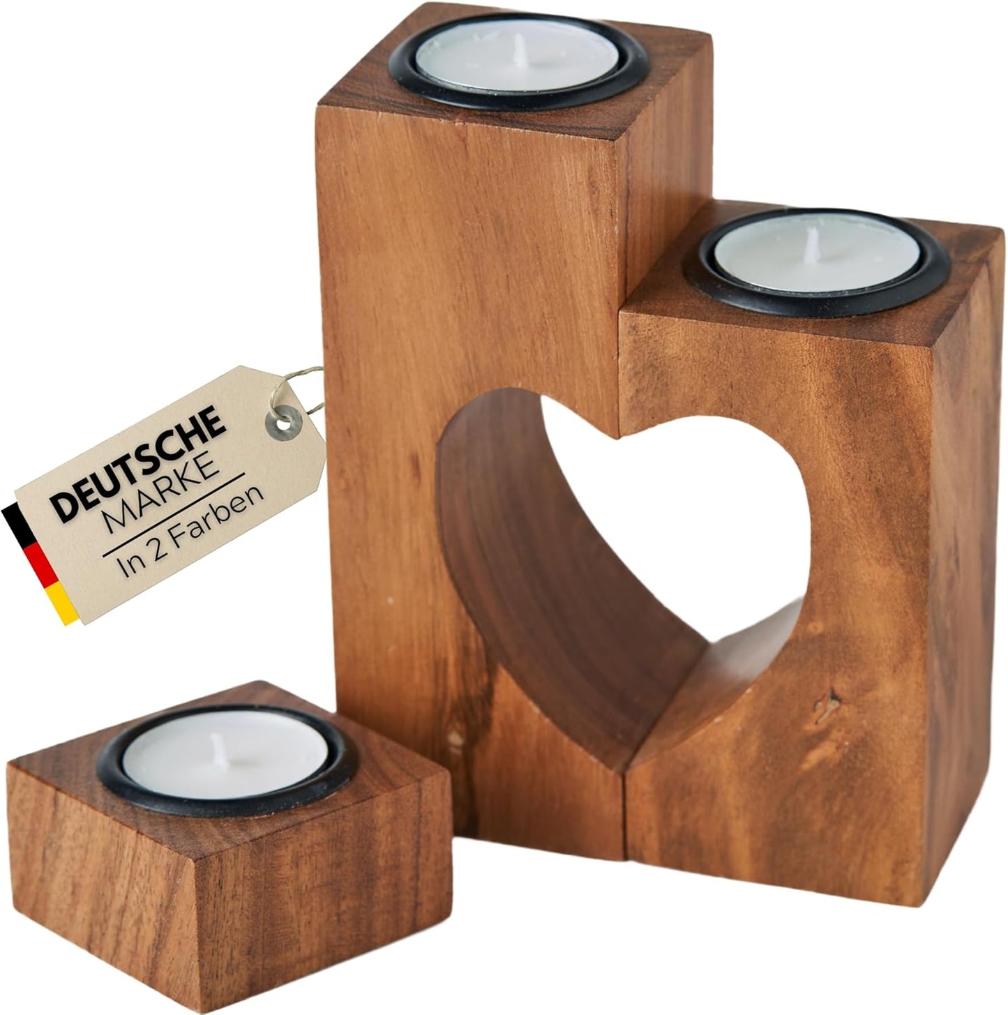Herz Teelichthalter 3er Set aus Akazienholz, Braun