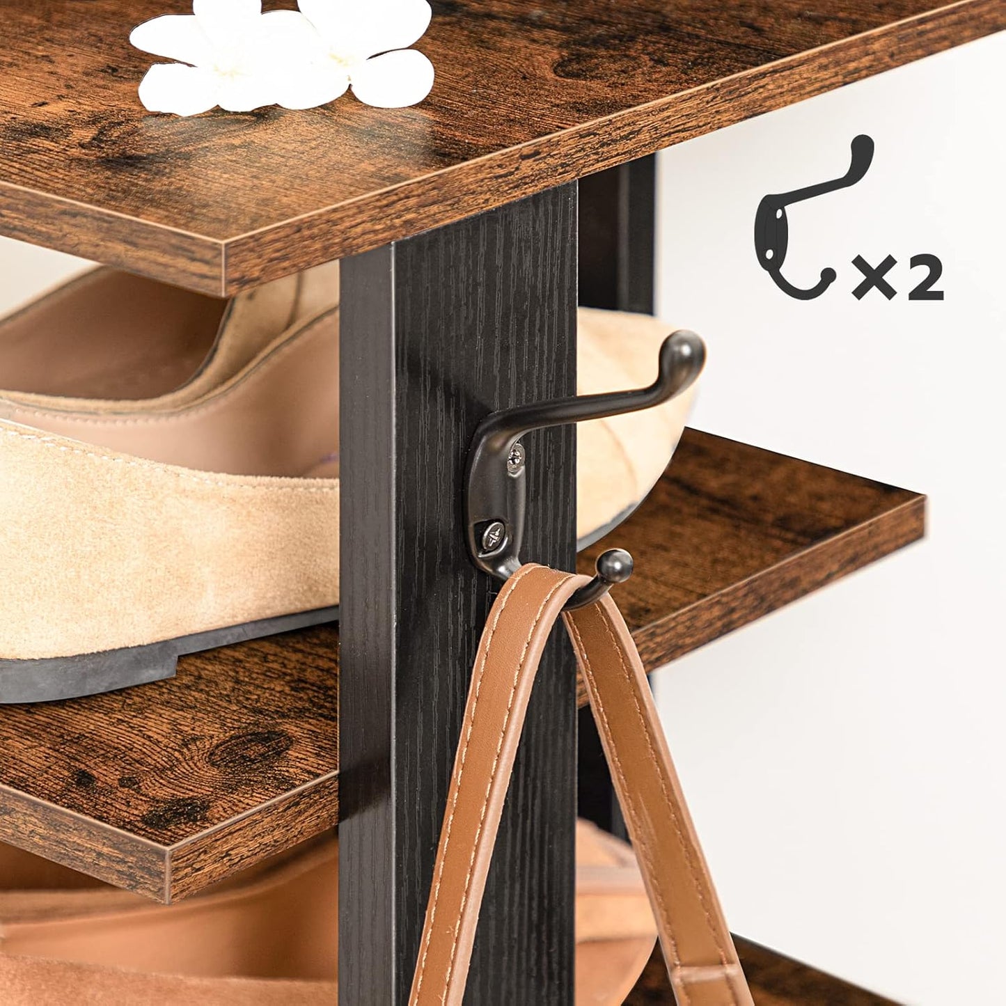 8-lagiges Schuhregal mit Haken, EBF07XJ01G1, 28 x 28 x 113 cm Dunkelbraun + Schwarz