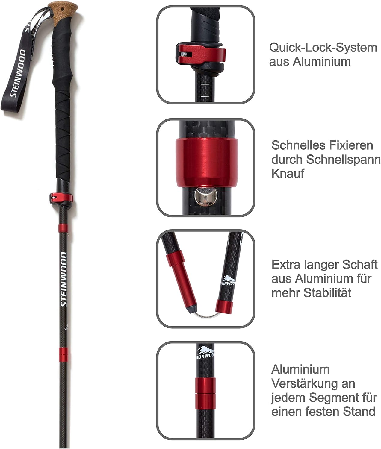 Carbon Wanderstöcke, Leicht, Verstellbar, mit Gummipuffern und Tragebeutel, Faltbar 135cm, Carbon zum Falten 135cm