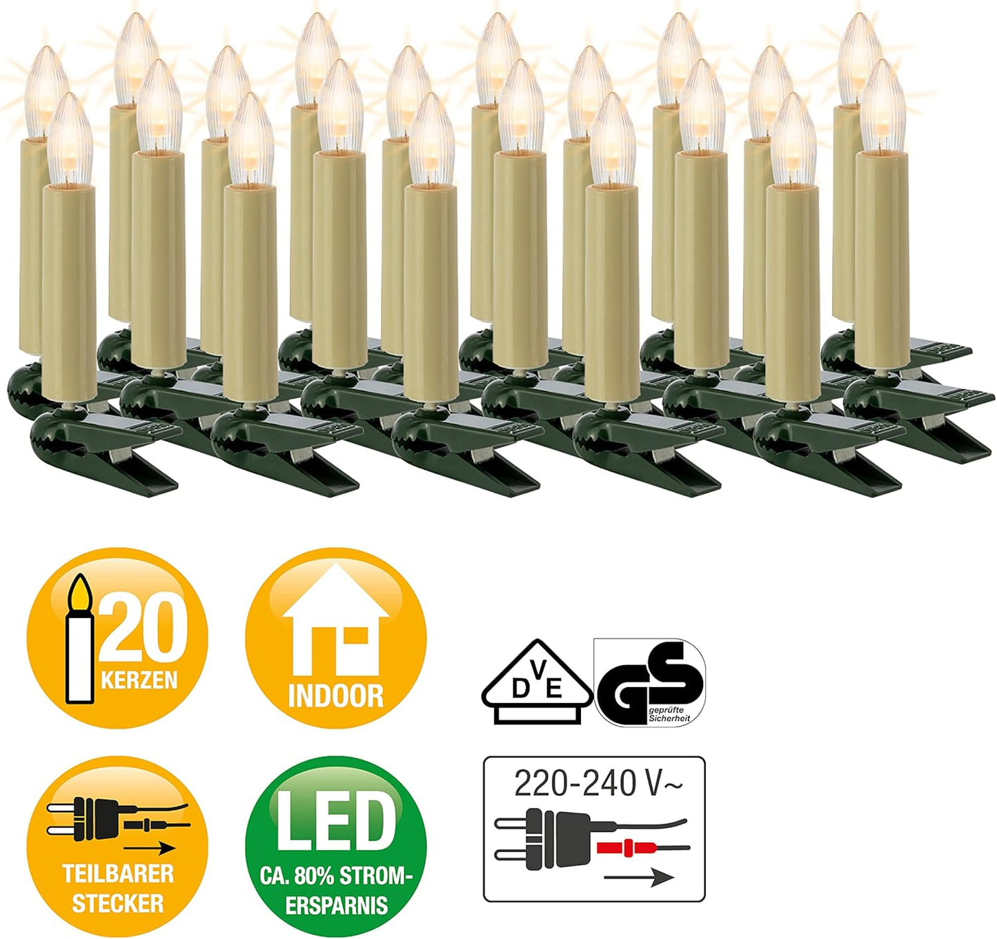 LED-Weihnachtsbaum-Lichterkerzen, Elfenbein|20 LED / 13,3m beleuchtet