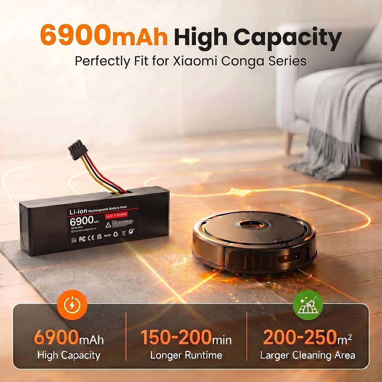 Ersatzakku für Xiaomi Staubsauger-Roboter (6900mAh), Schwarz