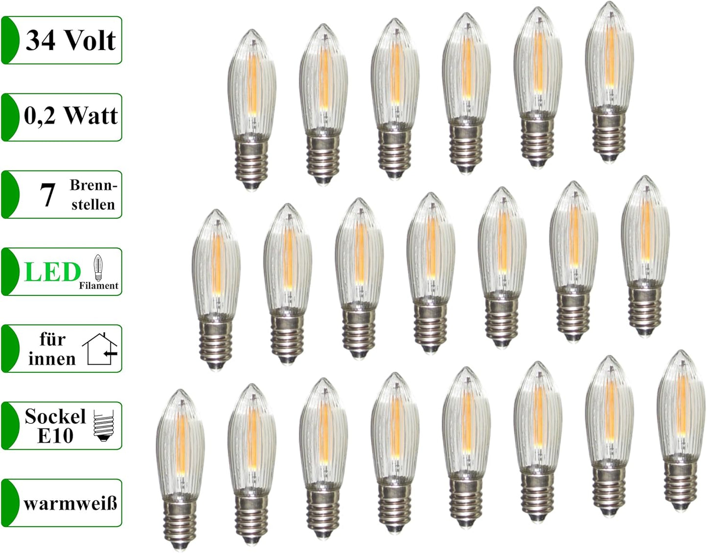 LED Filament Ersatzkerzen-Set, 21 Lampen 34 Volt