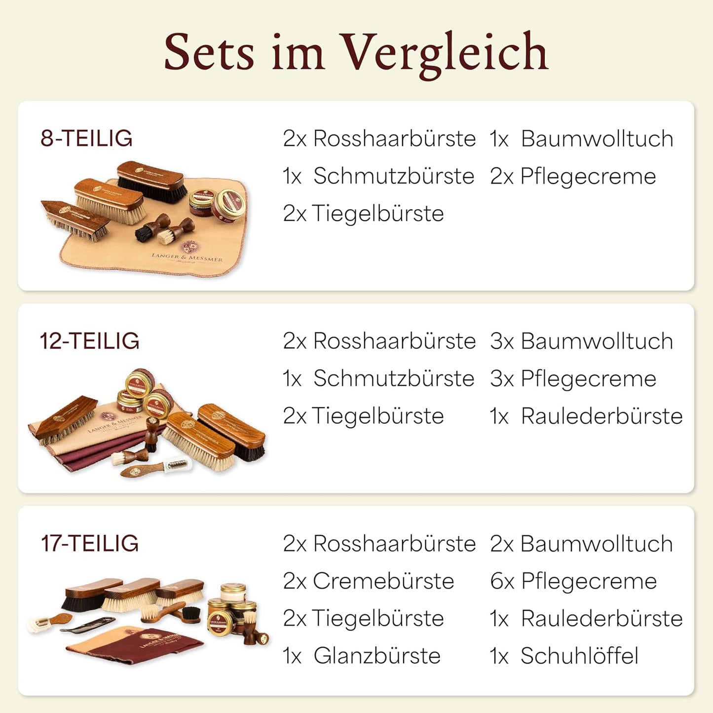 Schuhpflegeset mit Ledercremes & Rosshaarbürsten (8-teilig), 8 Teilig