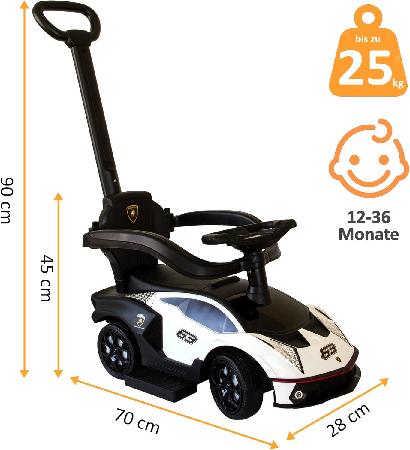Rutschauto mit Schiebstange, Weiss