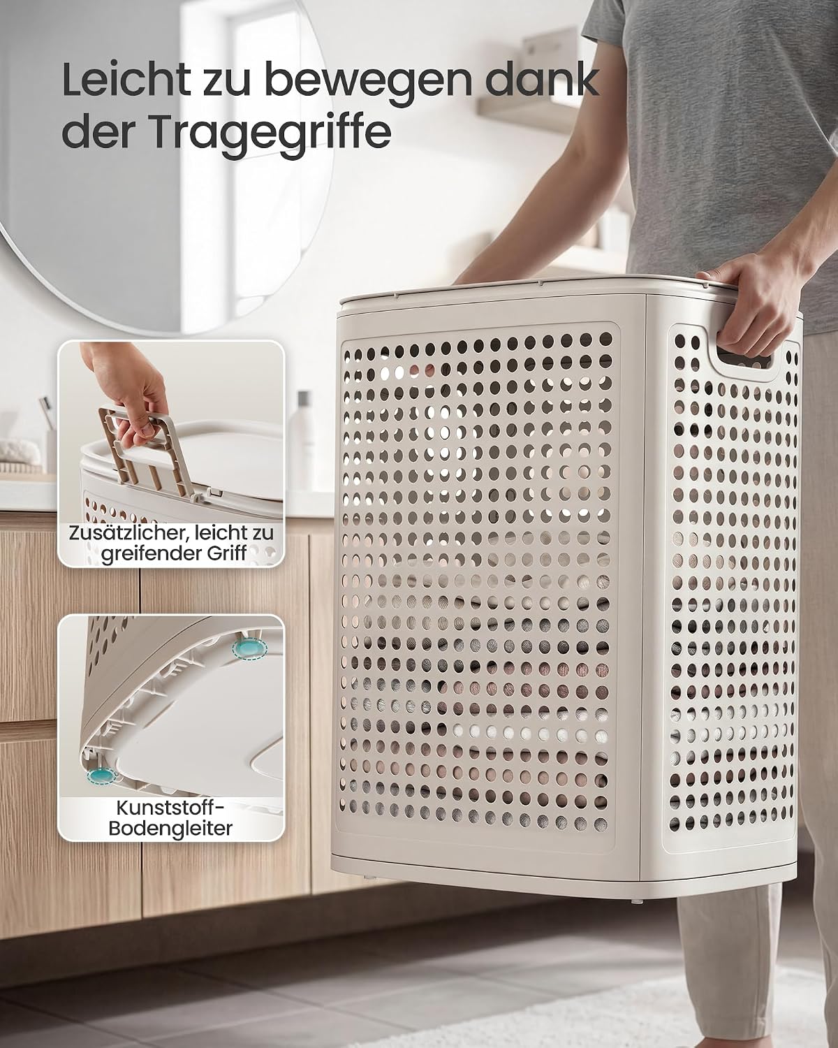 Wäschekorb mit Deckel, 75 L Cappuccinobeige