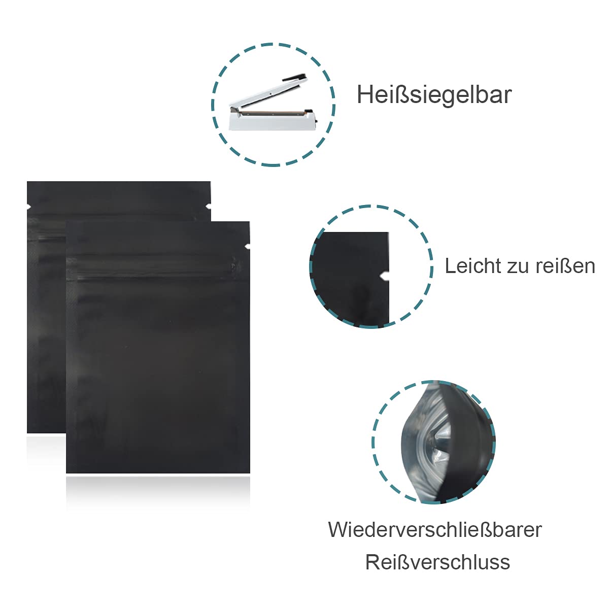 100 Stück Aluminiumfolie Verpackung, Matt Schwarz 12x18cm (4.7x7.1 inch)
