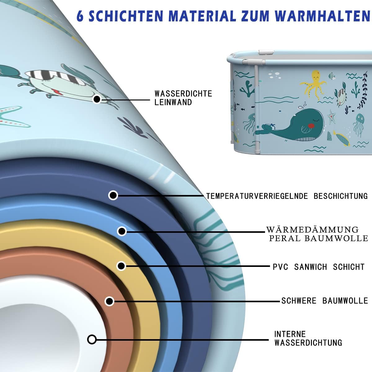 Tragbare, faltbare Badewanne für 2 Personen Ozean Stil, Ozean Stil
