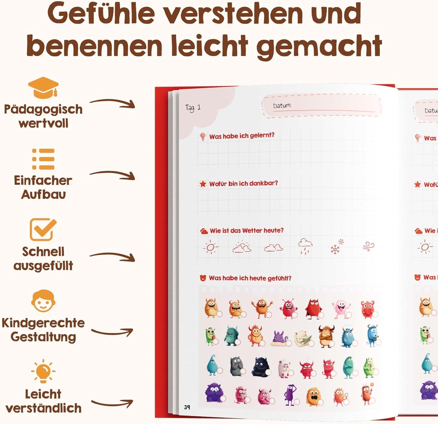 Gefühlstagebuch für Kinder mit Spielen, rot