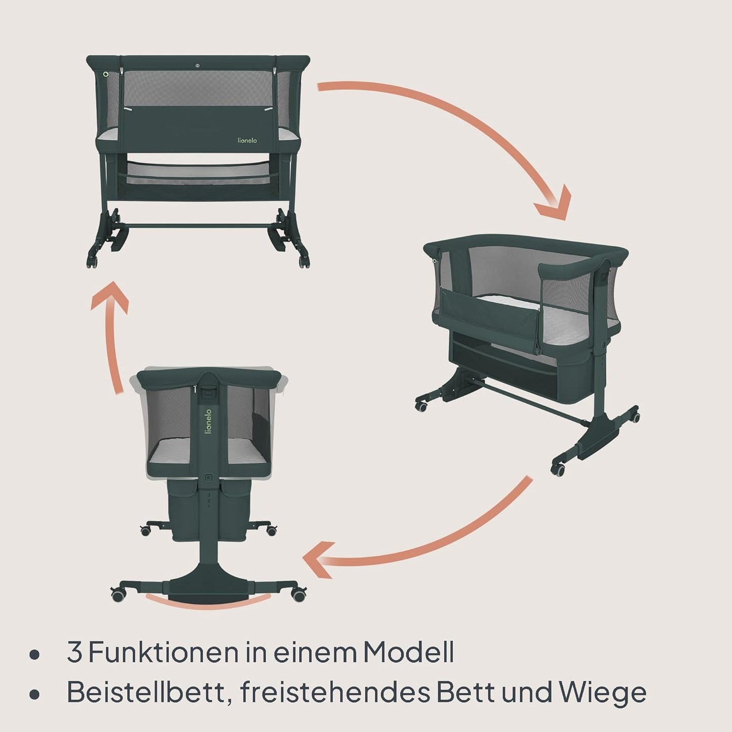3-in-1 Beistellbett Jodie, höhenverstellbar, Grün