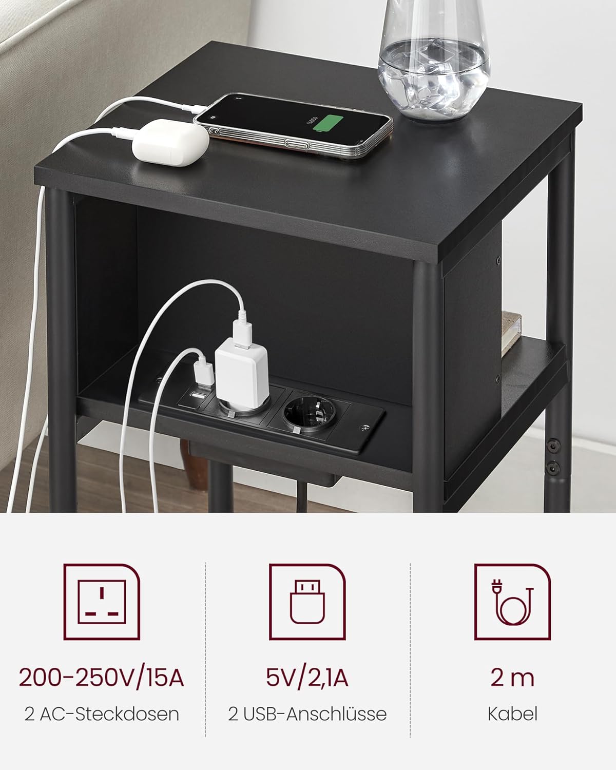 Beistelltisch mit Steckdose und USB-Anschlüssen, Schwarz