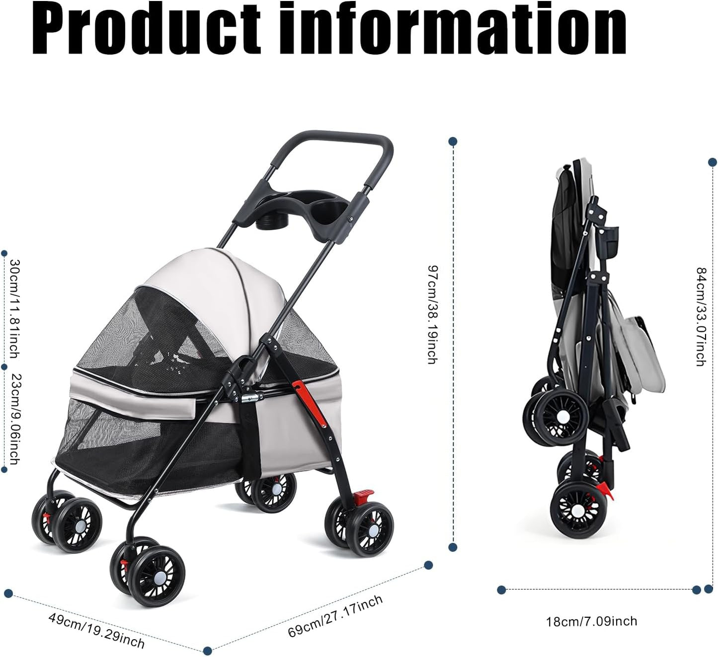 Faltbarer Haustier-Kinderwagen für Hunde und Katzen, grau