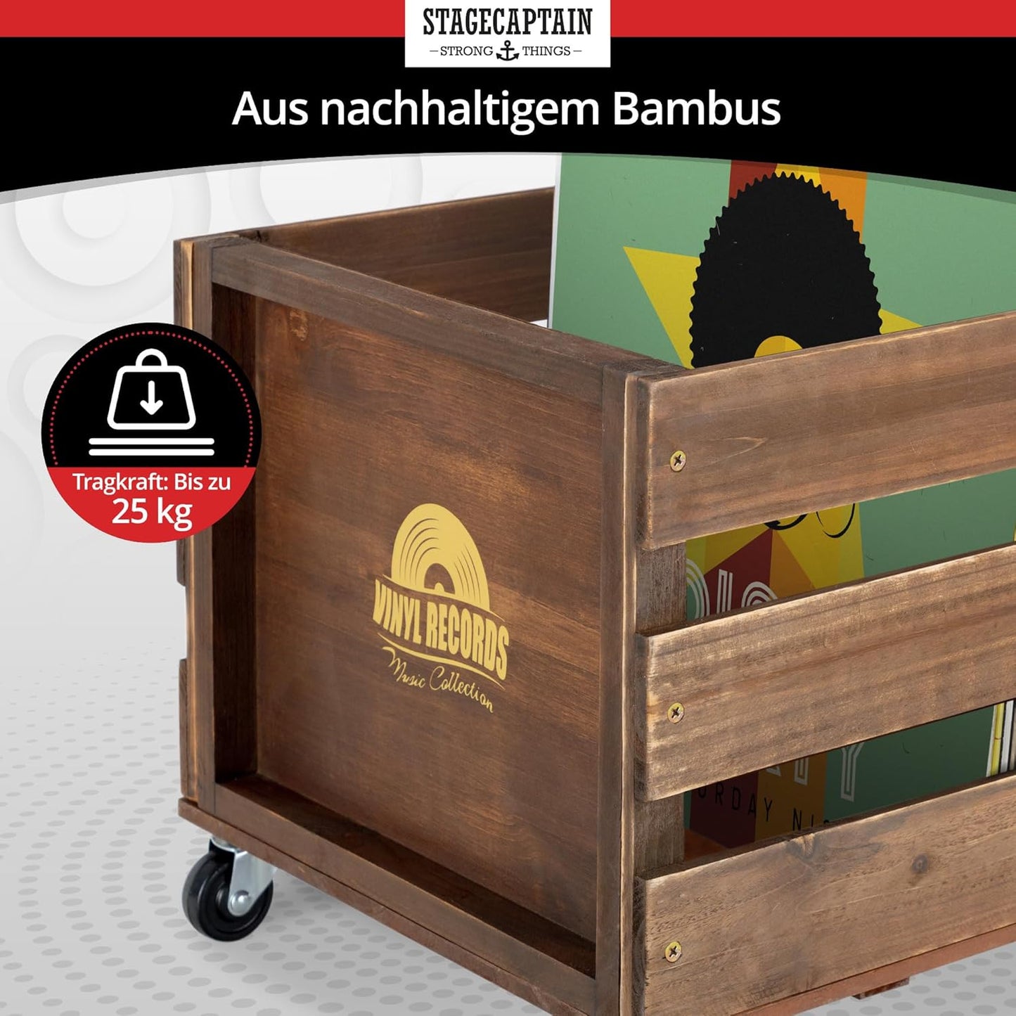 Schallplattenkiste Emil auf Rollen, Bambus Braun 1