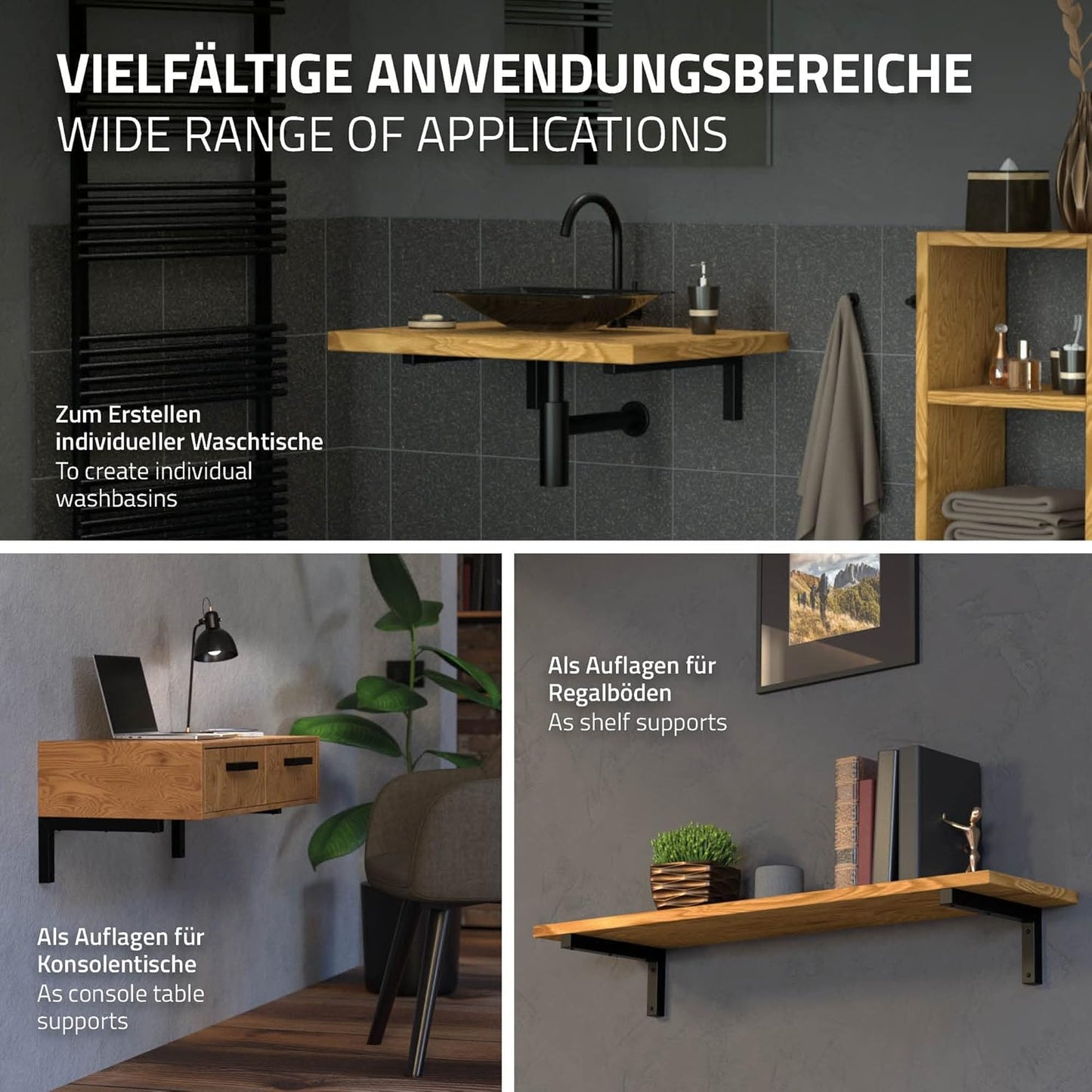 Wandkonsole-Set für Waschtisch, 300 x 150 mm Schwarz