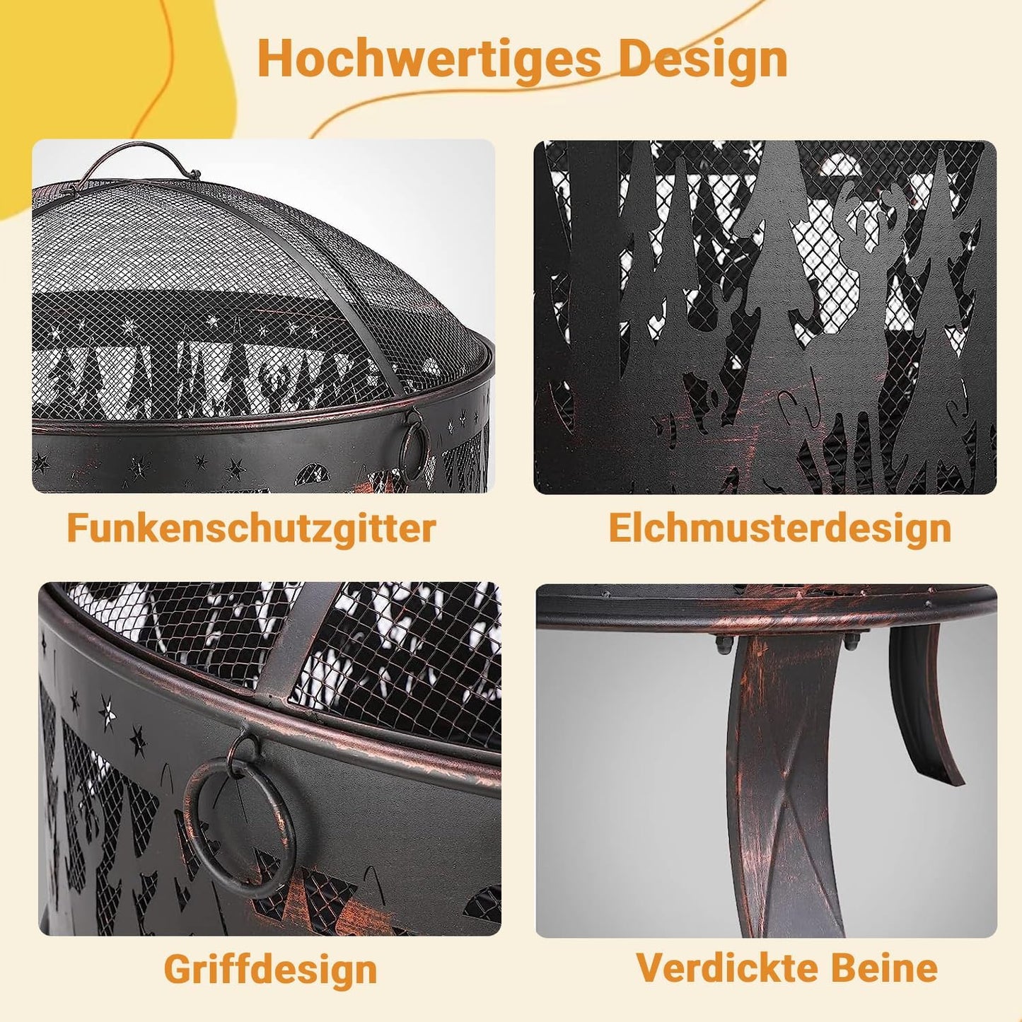 Feuerschale mit Funkenschutz & Elchmuster, Elchmuster