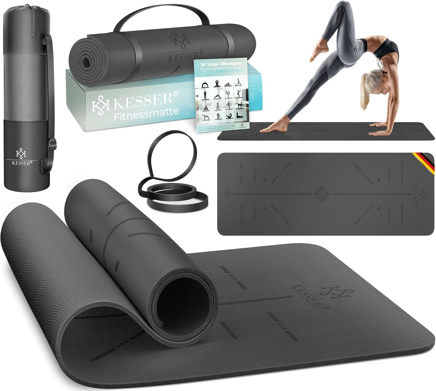 Gymnastik- und Yogamatte, rutschfest mit Tragegurt, Anthrazit / Anthrazit
