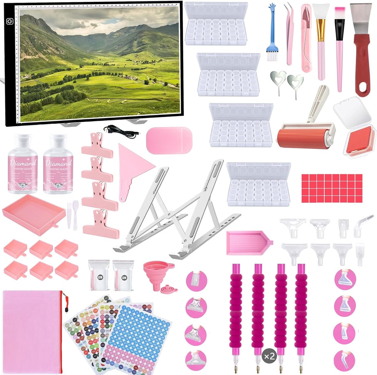 Diamond Painting Werkzeug-Set mit Lichtplatte, Rosa A3